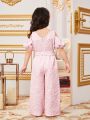 SHEIN Kids Nujoom Young Girl Flower Applique & Tape Decoration Cold Shoulder Wide Leg Jumpsuit