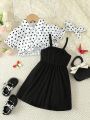 Baby Girls' Polka Dot Puff Sleeve White Top And Black Spaghetti Strap Dress Set