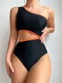 SHEIN Swim Basics Women'S Oblique Shoulder One-Piece Swimsuit