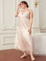 Plus Contrast Lace Belted Satin Robe & Cami Dress PJ Set