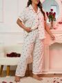 Oversized Floral Print Contrast Piping Short-Sleeved Shirt And Trousers Pajama Set