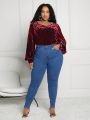 SHEIN CURVE+ Plus Size Jacquard T-Shirt With Woven Lantern Sleeves