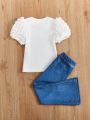 SHEIN Kids Y2Kool Little Girls' Fashionable Sweet Knit Short Sleeve Top With Round Neckline And Bell Bottom Knit Pants