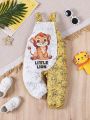 SHEIN Baby Boy Casual Daily Wear Cute Lion Pattern Color Block Denim Overalls Jumpsuit For Spring & Summer Outfits