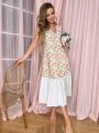 Valentines Women'S Color Collision Floral Printed Splice Lace Sleep Dress