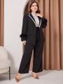 Plus Size Fuzzy Trim Contrast Trim Single-button Blazer And Trousers Set