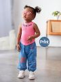 SHEIN Baby Girls' Casual Knit Alphabet Print Tank Top And Elastic Waist Pants Set With Face Pattern