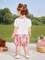 SHEIN Baby Girls' Summer Holiday Color Block Doll Collar Top With Flower Print Shorts Set