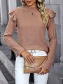 SHEIN LUNE Mock Neck Ruffle Trim Decor Long Sleeve T-Shirt