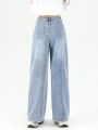 Teen Girls' Vintage & Casual Adjustable Waist Buckle Loose Fit & Comfortable Wide Leg Jeans With Washed Out Light Blue Color