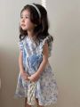 Little Girls' Floral Printed Dress With Ruffle Trim And Bowknot Decoration