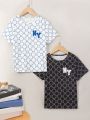 SHEIN Kids HYPEME Boy'S 2pcs Casual Geometric & Letter Print Short Sleeve T-Shirt