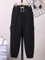 SHEIN Kids Academe Tween Boy Flap Pocket Side Drawstring Waist Thermal Lined Cargo Pants