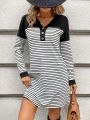 SHEIN LUNE Ladies' Striped Colorblock Button Detail Dress