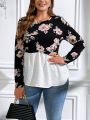 SHEIN Clasi Women's Plus Size Color Block Tee With Floral Print