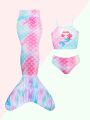 Little Girl's Mermaid Three-Piece Swimsuit Including Fishtail Dress-Up Cover Up