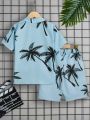 SHEIN Kids SUNSHNE Tween Boys' Leisure Coconut Tree Print Short Sleeve Shirt And Shorts Set For Vacation