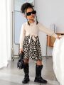 SHEIN Kids Cooltwn Girls Fashionable Street Knitted Round Neck Patchwork Floral Long-sleeved Dress