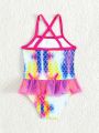 SHEIN Baby Girl's Gradient Fish Scale Pattern Mesh Ruffled One-Piece Swimwear