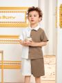 SHEIN Kids Nujoom Young Boy's Texture Contrast Color Short Sleeve Shirt And Shorts Set, Cute And Combinable