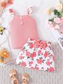 SHEIN Kids SUNSHNE Little Girl'S Two-Piece Set With Cute And Sweet Printed Top And Bow-Decorated Skirt