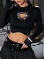 SHEIN ICON Heart Shape Rhinestone Hollow Out Cropped T-shirt