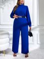 SHEIN Clasi Large Size Solid Color Stand Collar Wide Leg Jumpsuit Without Belt