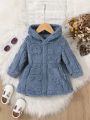 SHEIN Toddler Girls' Casual, Cute, Fun, Warm Fluffy Hooded Dress Made Of Thick Plush Fabric, Suitable For Outdoor Activities In Autumn And Winter