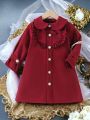 SHEIN Kids CHARMNG Girls' Autumn Elegant Woolen Bow Knot Decor Turn-Down Collar Jacket With Flounce Hem Dress