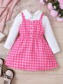 SHEIN Kids FANZEY Toddler Girls' Solid Color Shirt & Gingham Strap Dress 2pcs/Set