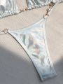 SHEIN Swim Summer Beach Metallic Ring Linked Halter Triangle Bikini Set