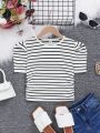 SHEIN Kids HYPEME Girls' Striped Knitted Short Sleeve T-Shirt For Daily Wear And Street Style