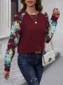 Women's Patchwork Floral Print Drop-shoulder Sleeve Round Neck T-shirt
