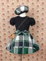 SHEIN Kids SUNSHNE Little Girls' Puff Sleeve Top And Plaid Skirt Set With Hat