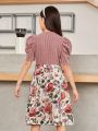 SHEIN Kids Nujoom Tween Girls' Floral Printed Stand Collar Dress With Leg Of Mutton Sleeve & Waist Belt