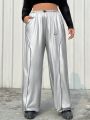 SHEIN Coolane Ladies' Plus Size Silver & Contrast Color Rolled Edge Weave Pants