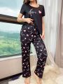 Women's Heart & Letter Printed Short Sleeve And Long Pants Pajama Set