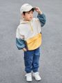 SHEIN Kids KDOMO Boys' Casual Loose Fit Fun Color Block Zipper Up Half Placket Hooded Jacket