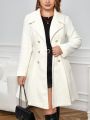 SHEIN Privé Plus Size Woolen Coat With Double-breasted Buttons, Ruffled Sleeves And Hem