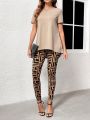 EMERY ROSE Women's Round Neck Short Sleeve Printed Color Block Long Pants Two Piece Set