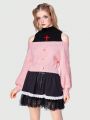 Kawaii Cold Shoulder Neckline Sweater With Cross Pattern And Lantern Sleeves