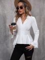 Flare Sleeve Fold Pleated Detail Peplum Blouse