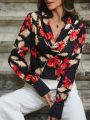 SHEIN LUNE Random Botanic Print Drape Neck Long Sleeve Blouse