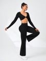 SHEIN Daily&Casual Ladies' Solid Color Cropped Top And High Waist Long Pants Sports Suit