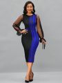 SHEIN Lady Mesh Patchwork Ruffle Sleeve Bodycon Dress