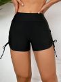 SHEIN Swim Basics Women's Solid Color Drawstring Side Shorts Swimsuit Bottom