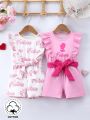 Baby Girls' Spring/Summer 2-Piece Set, Pink Letter Printed Elegant, Romantic And Cute Daily Casual Jumpsuit