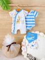 SHEIN Newborn Baby Boys' Summer Animal Print Romper + Striped Bodysuit + Hat + Bib Set