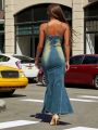 LOVING U 1pc Mermaid Hem Cami Denim Dress
