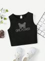 Teen Girls' Sleeveless Tank Top With Rhinestone & Word Print Design, Suitable For Summer